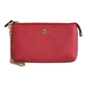 COACH Womens Crossgrain‎ Leather Wristlet Gold Chain Strap 73044 Pink